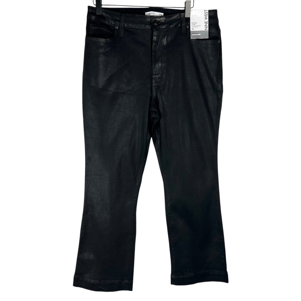 NWT Nine West High Rise Kick Flare Jeans in Coated Black Size 14